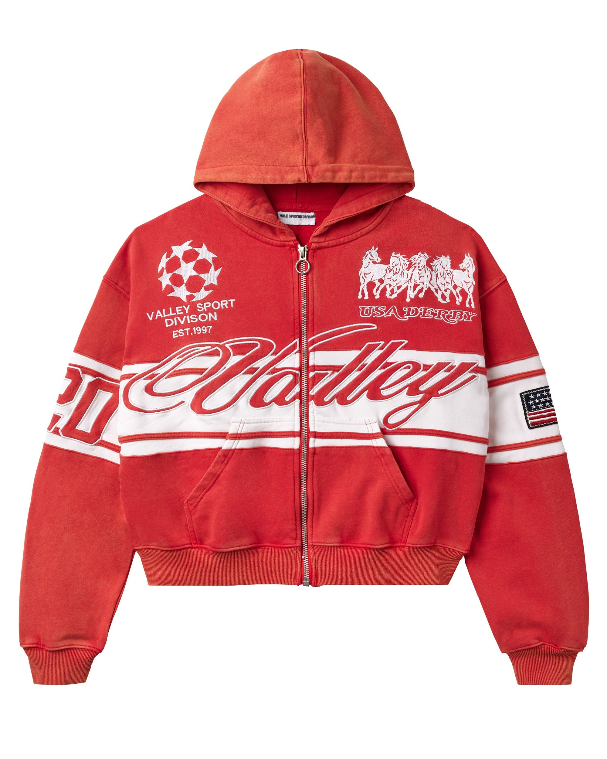 RED CURSIVE ZIP UP HOODIE – VALE JERSEY CITY