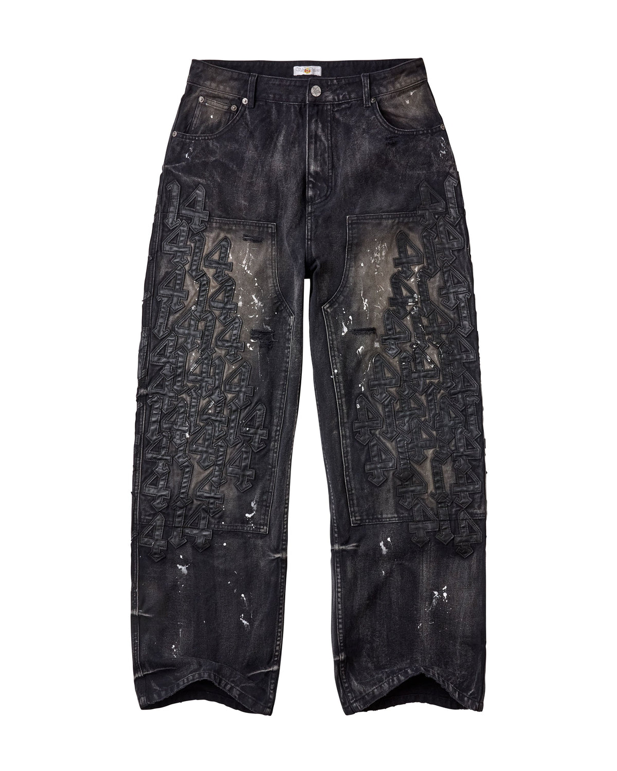 Black washed denim jeans with the number 14 leather patches down both pant legs, and white splatter paint marks on the denim. 