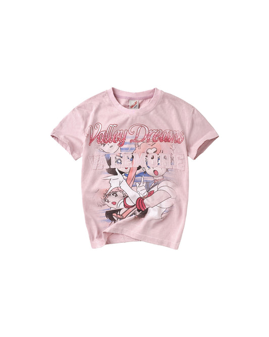 A light pink short-sleeve t-shirt featuring a graphic print of anime characters and the text 'Valley Dreams' in red script across the chest.