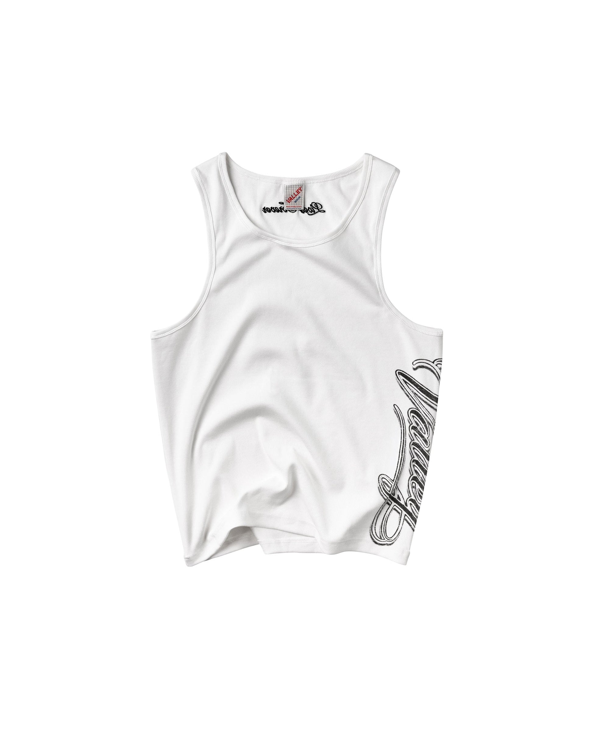 A white sleeveless tank top with a black cursive graphic print on the lower right side and a small brand label inside the collar.