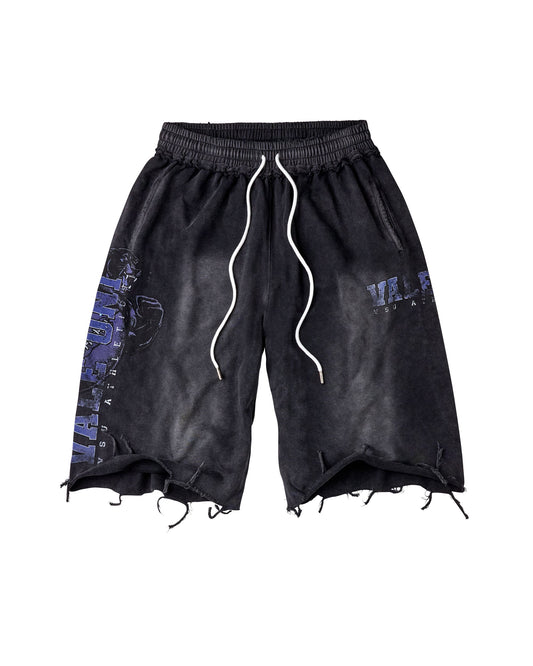 Distressed black denim shorts with a white drawstring, featuring blue graphic text prints on the sides.