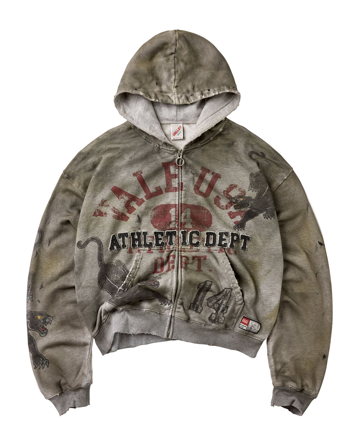 A distressed zip-up hoodie with a faded olive-gray color, featuring a red and black 'VALE USA ATHLETIC DEPT' graphic on the front, a zippered chest pocket, and a small red and white logo patch on the lower right pocket.