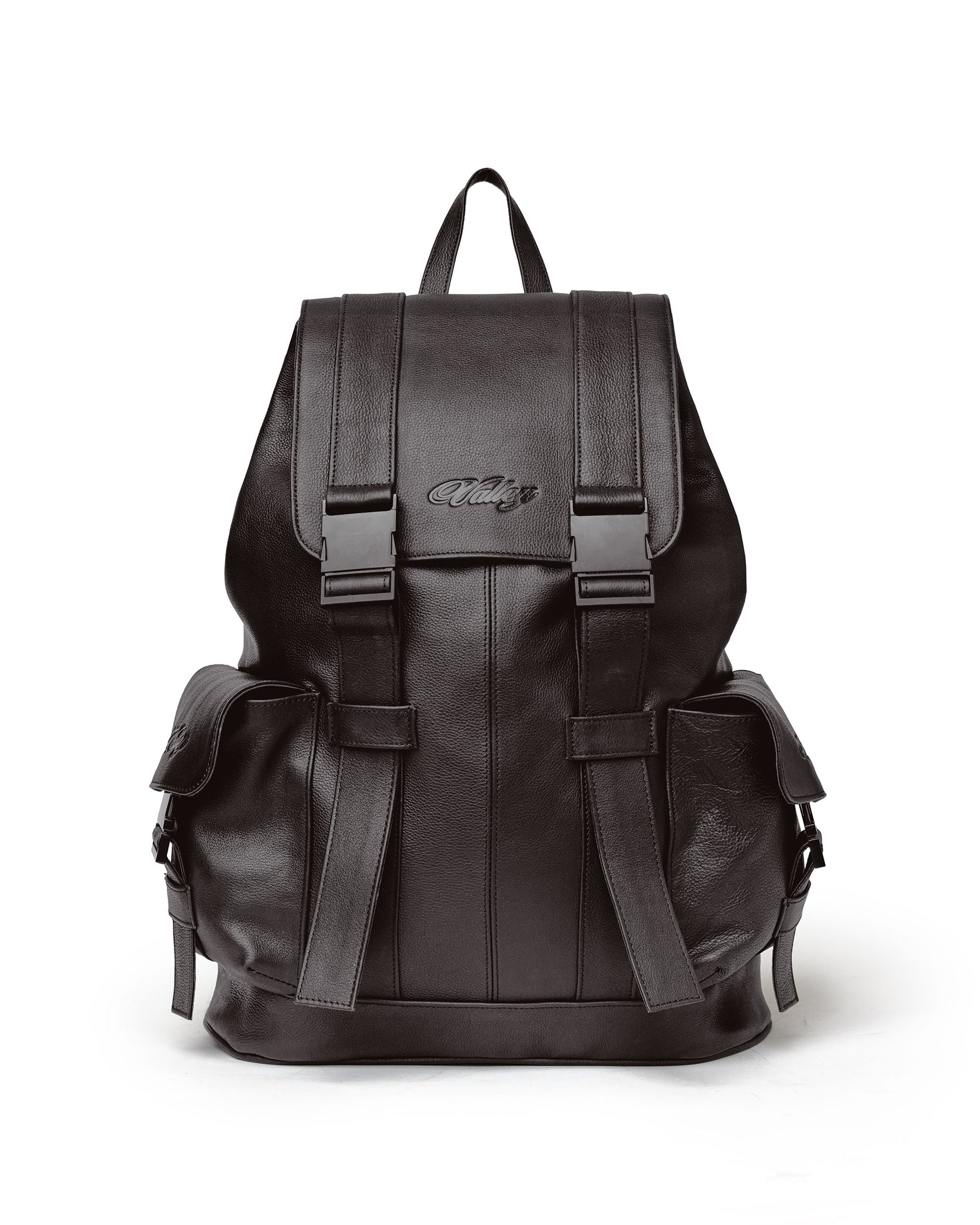 Black backpack with a brand logo.