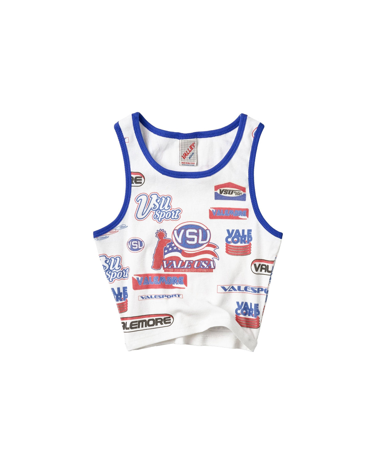 A white sleeveless tank top with blue trim and an all-over collage of sports logos, including VSU logos.