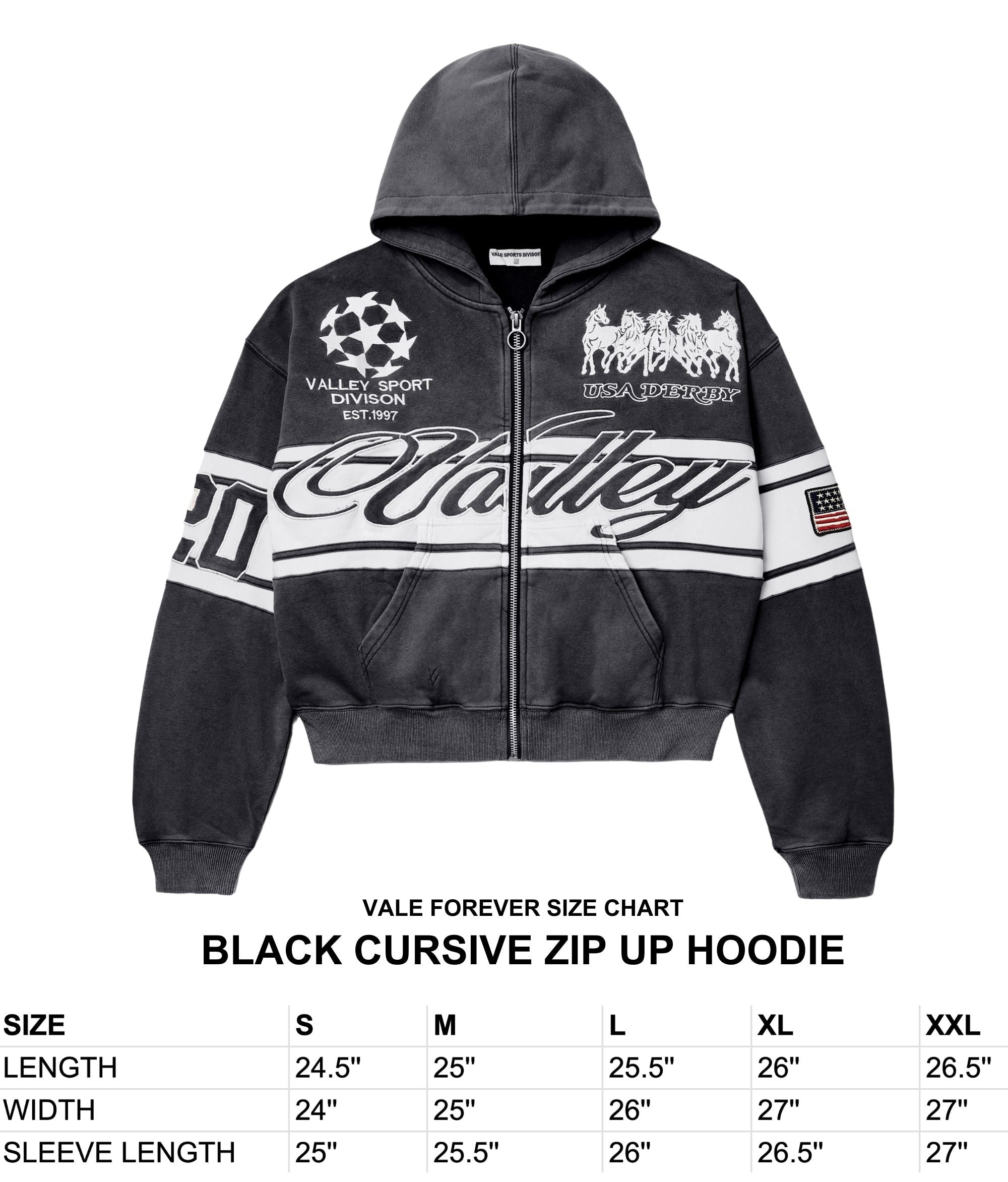 BLACK CURSIVE ZIP UP HOODIE – VALE JERSEY CITY